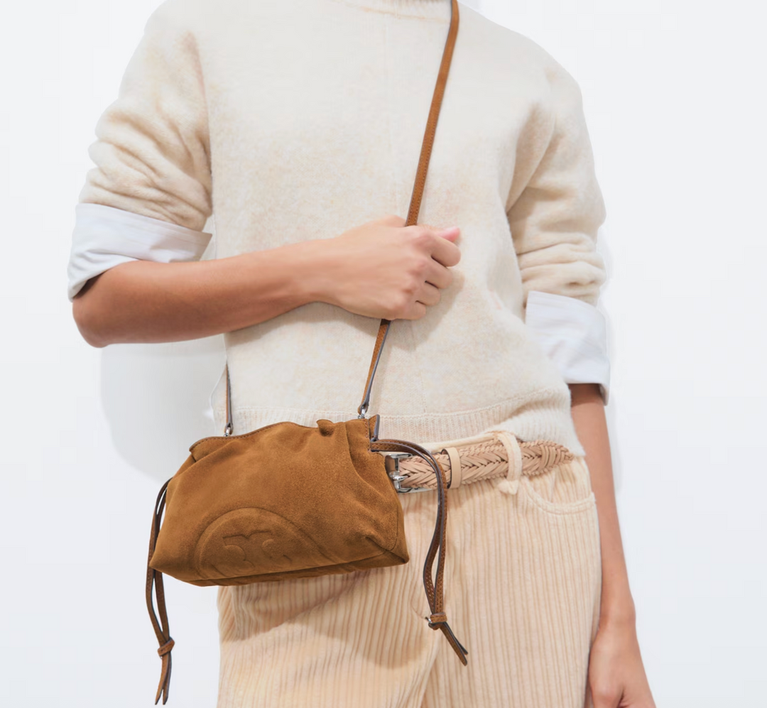ELLA DRAWSTRING POUCH CARAMEL SUEDE