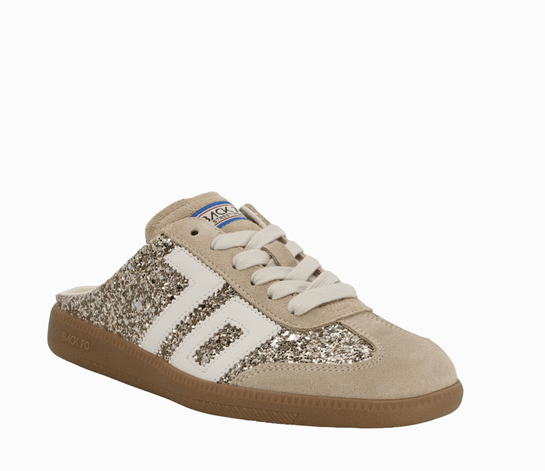 Back 70 EASTER GLITTER GOLD BACKLESS SNEAKER Shoes | Shop now at Main & Taylor Shoes!