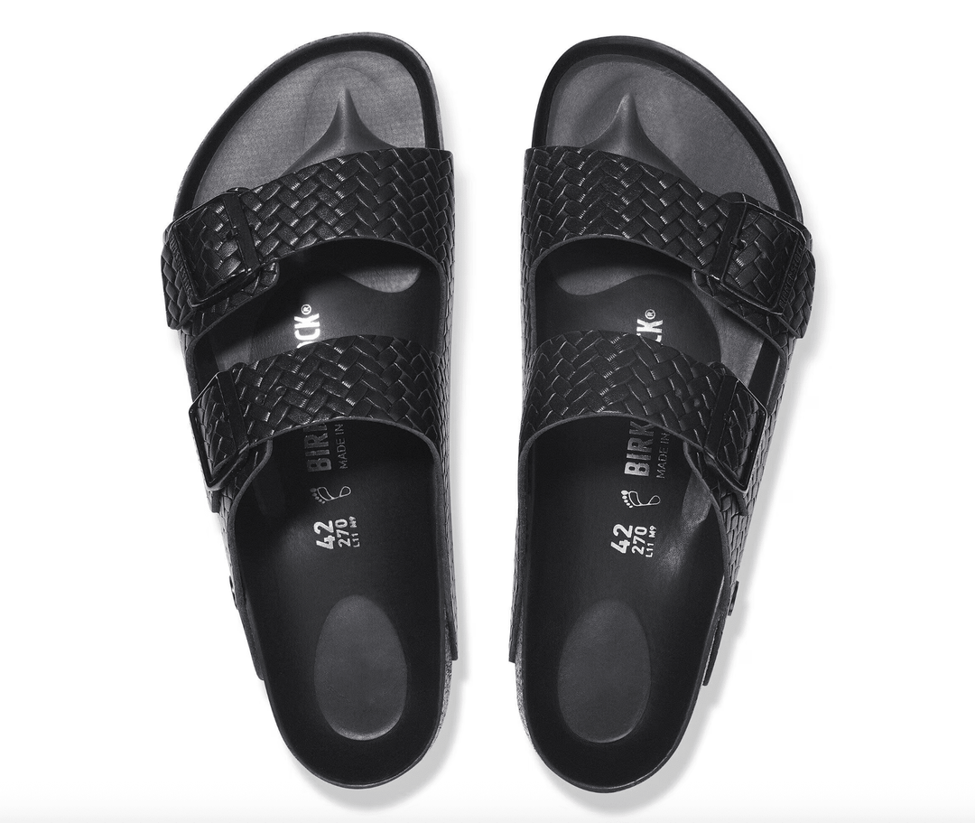 Birkenstock ARIZONA EMBOSSED WOVEN BLACK SANDAL Shoes | Shop now at Main &amp; Taylor Shoes!