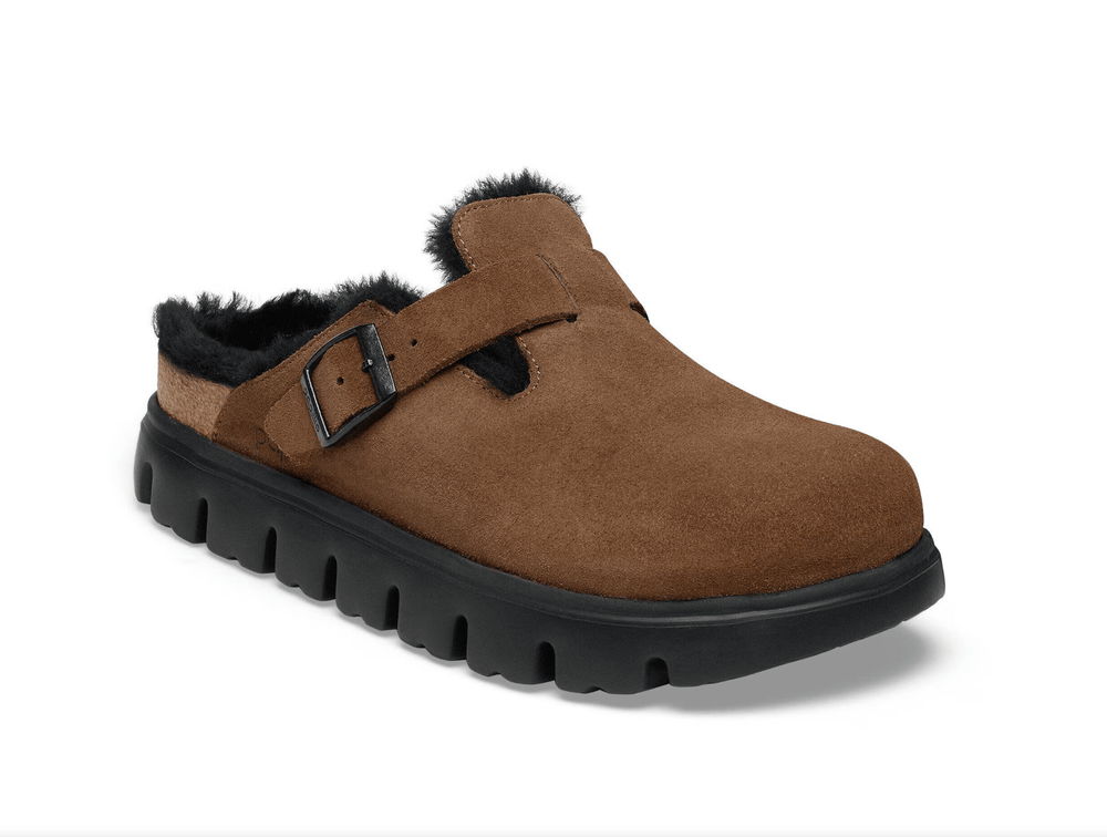 Birkenstock BOSTON CHUNKY SHEARLING DARK TEA SUEDE CLOG Shoes | Shop now at Main & Taylor Shoes!