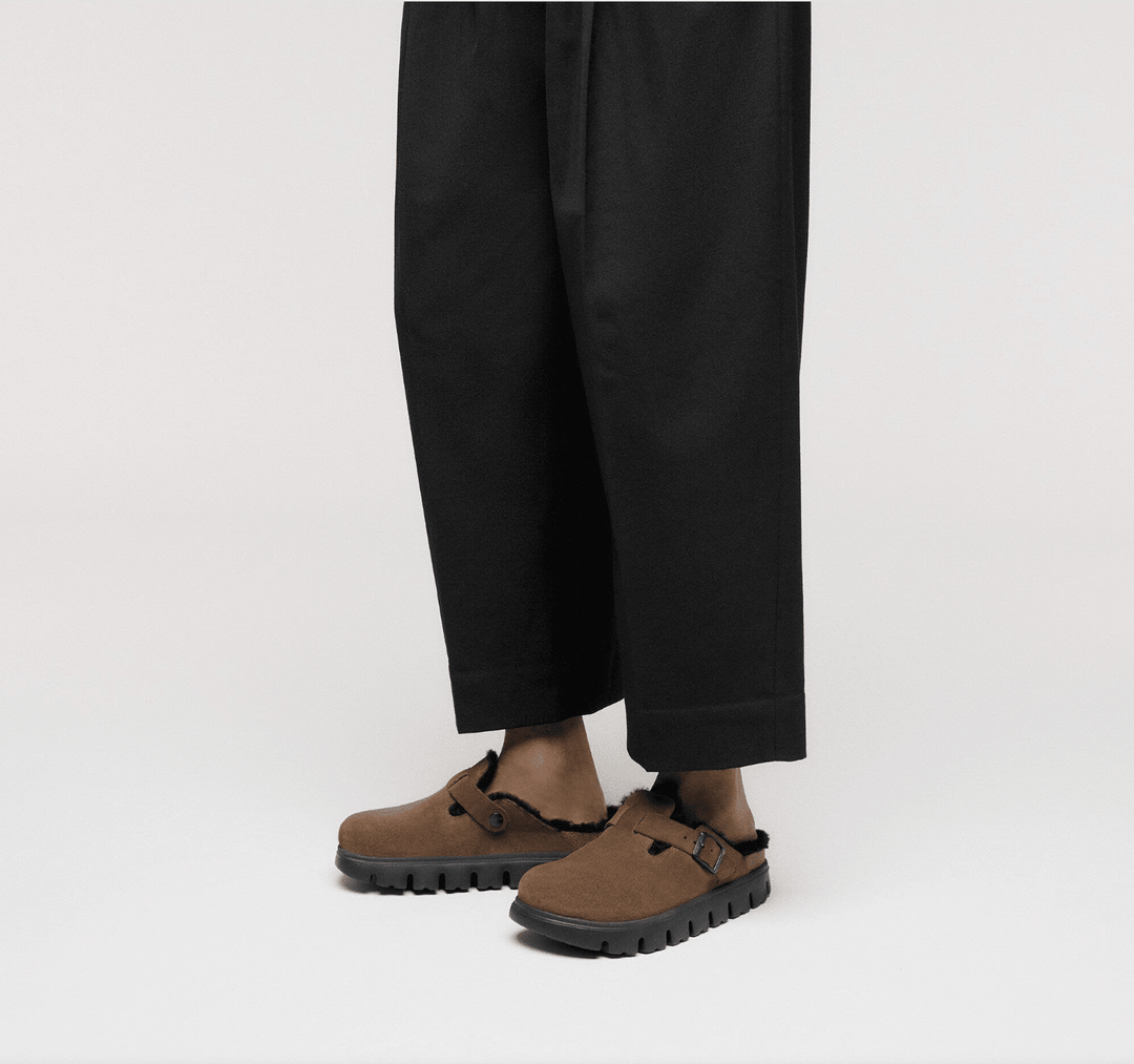 Birkenstock BOSTON CHUNKY SHEARLING DARK TEA SUEDE CLOG Shoes | Shop now at Main &amp; Taylor Shoes!