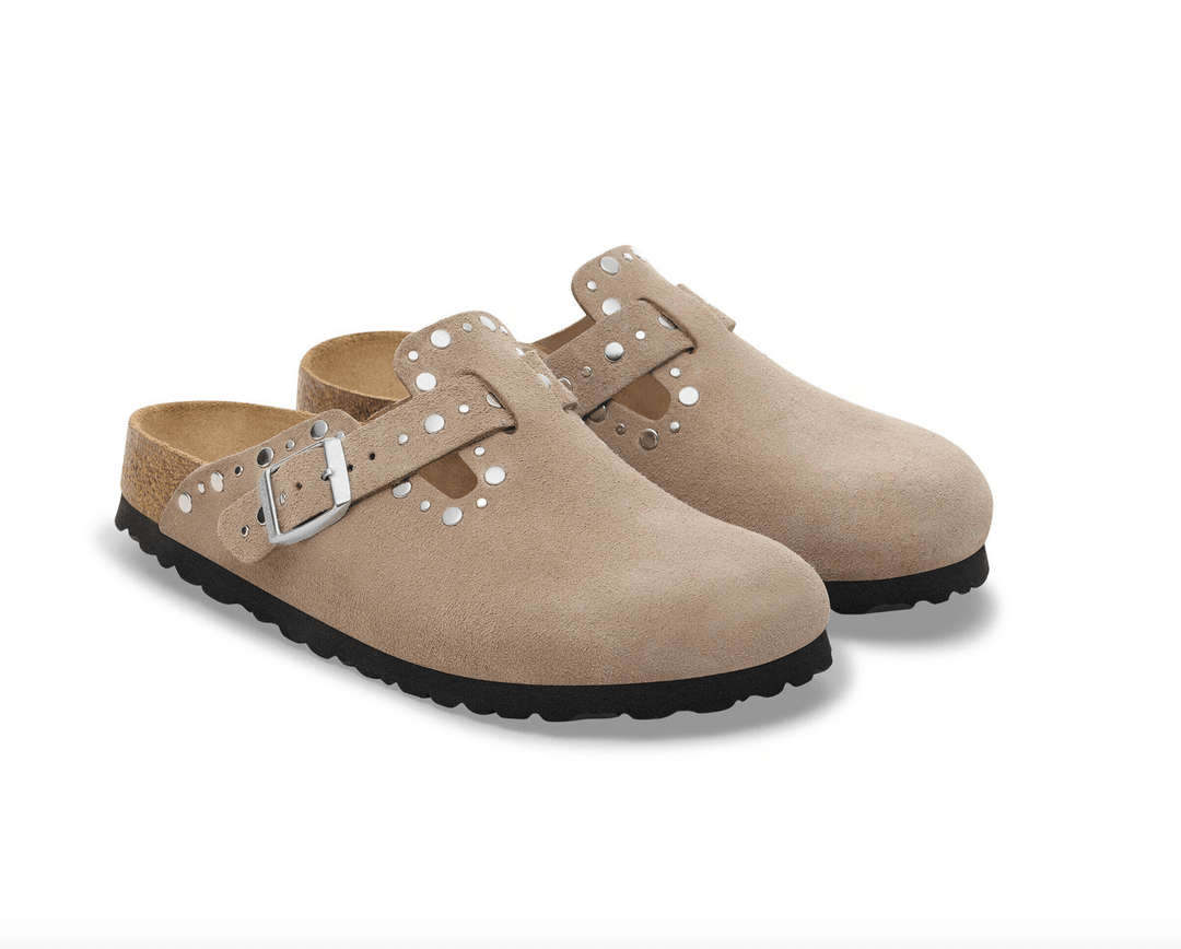 Birkenstock BOSTON RIVET TAUPE SUEDE CLOG Shoes | Shop now at Main & Taylor Shoes!