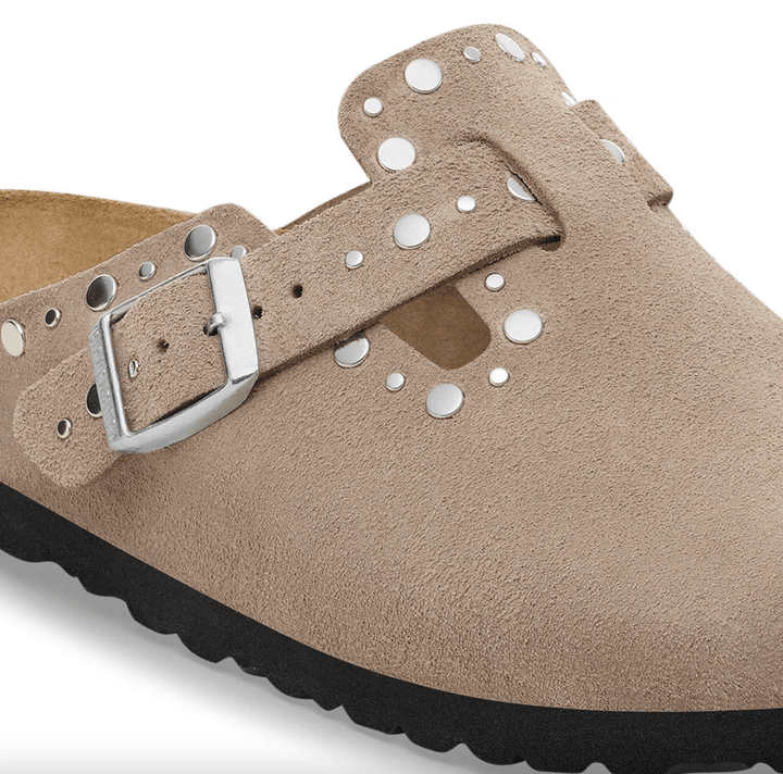 Birkenstock BOSTON RIVET TAUPE SUEDE CLOG Shoes | Shop now at Main &amp; Taylor Shoes!