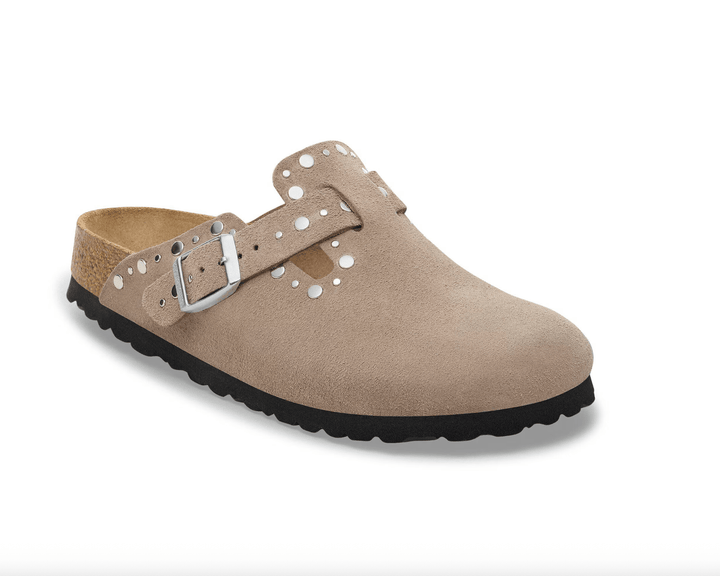 Birkenstock BOSTON RIVET TAUPE SUEDE CLOG Shoes | Shop now at Main &amp; Taylor Shoes!