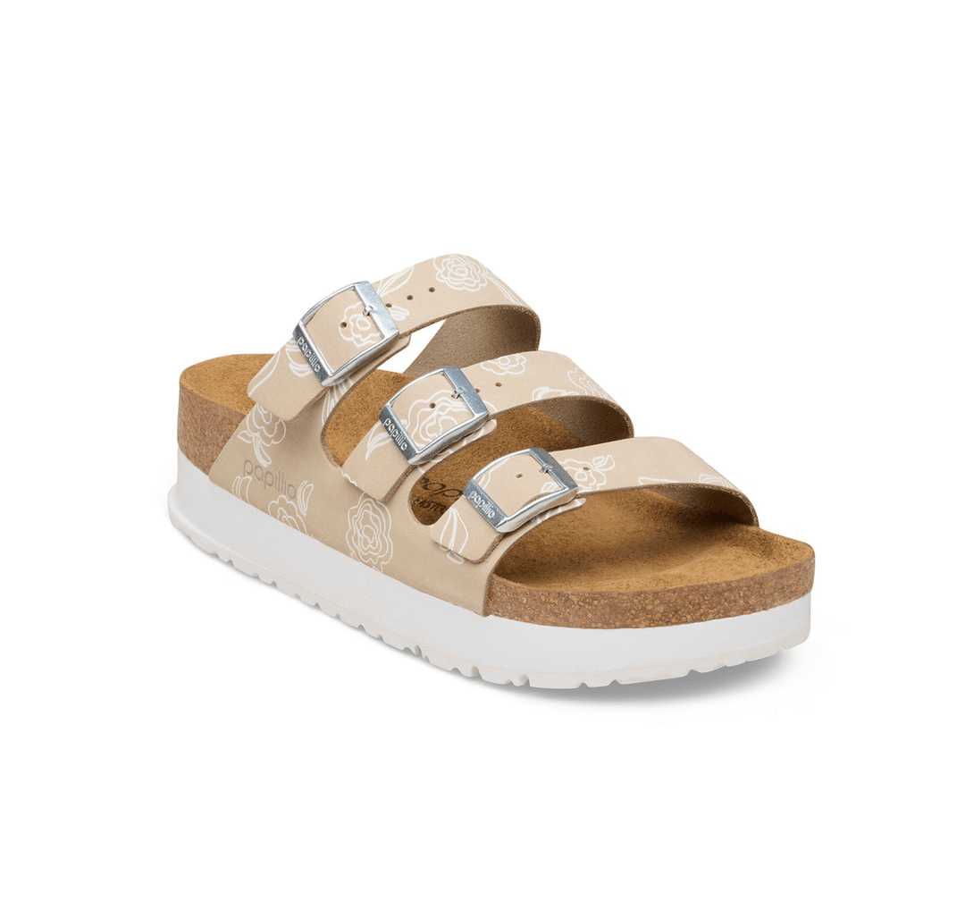 Birkenstock FLORIDA FLEX PLATFORM FLOWER PRINT OYSTER SANDAL Shoes | Shop now at Main & Taylor Shoes!