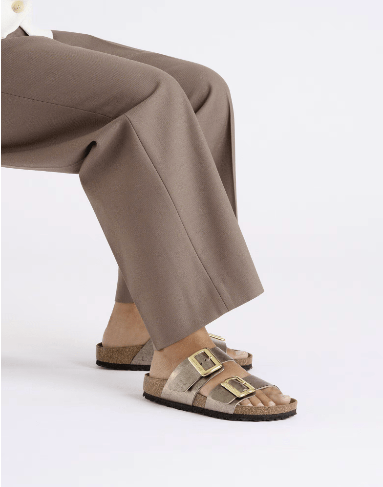 BIRKENSTOCK SYDNEY LUXE BUCKLE GRACEFUL TAUPE SANDAL SHOES | Shop now at Main &amp; Taylor Shoes!