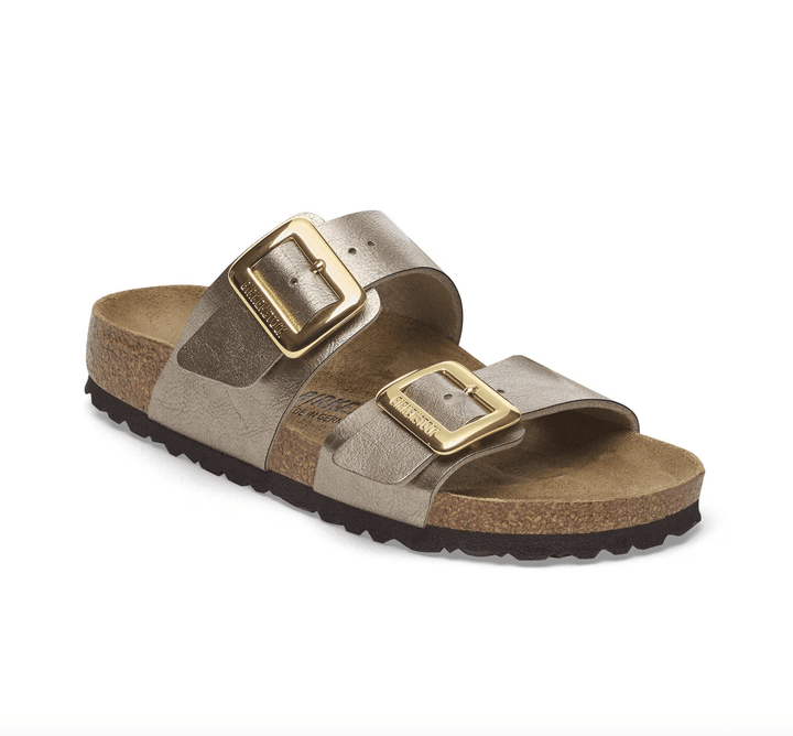 BIRKENSTOCK SYDNEY LUXE BUCKLE GRACEFUL TAUPE SANDAL SHOES | Shop now at Main &amp; Taylor Shoes!