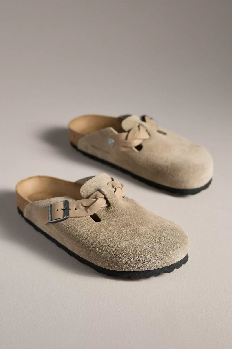 Birkenstock BOSTON BRAID TAUPE SUEDE Shoes | Shop now at Main & Taylor Shoes!