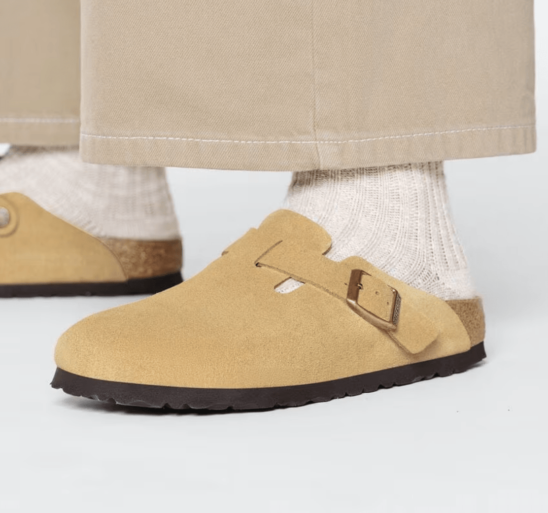 Birkenstock BOSTON LATTE/CREAM SUEDE Shoes | Shop now at Main & Taylor Shoes!