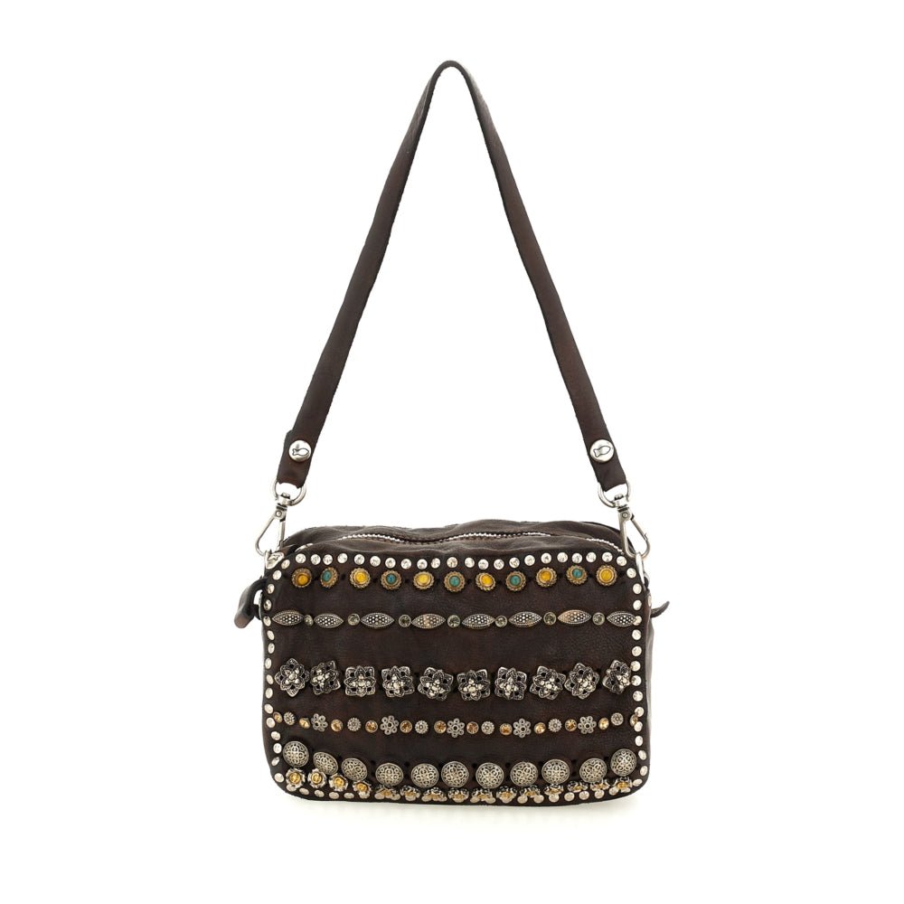 Campomaggi CAMERA BROWN RHINESTONES/STUDS CROSSBODY Handbags | Shop now at Main & Taylor Shoes!
