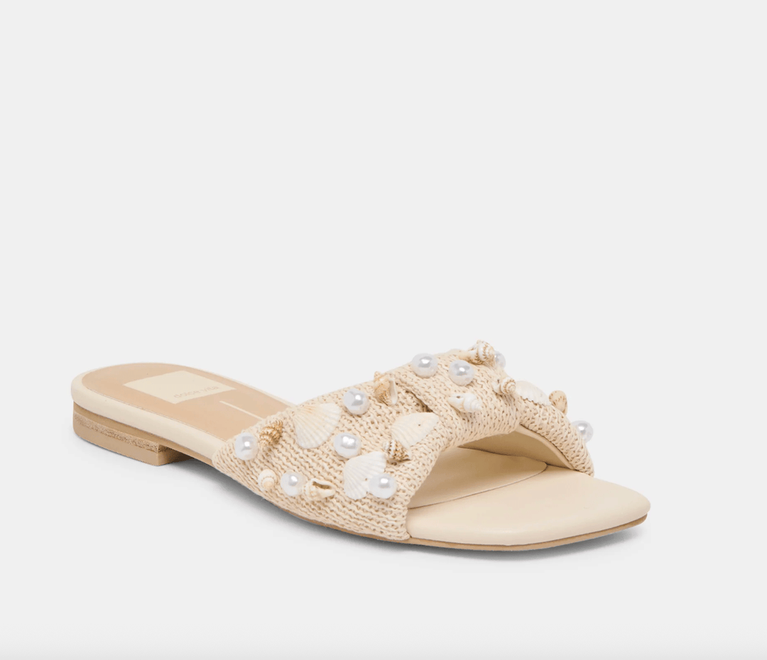 DOLCE VITA LIZZA OATMEAL BEADED RAFFIA SLIDE SHOES | Shop now at Main &amp; Taylor Shoes!