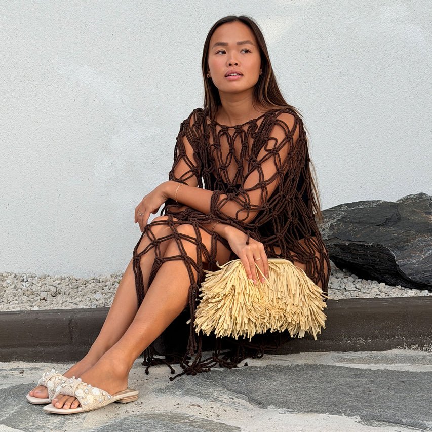 DOLCE VITA LIZZA OATMEAL BEADED RAFFIA SLIDE SHOES | Shop now at Main & Taylor Shoes!