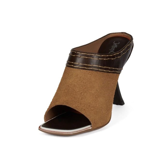 Jeffrey Campbell ZINQUE TAN SUEDE MULE SHOES | Shop now at Main &amp; Taylor Shoes!