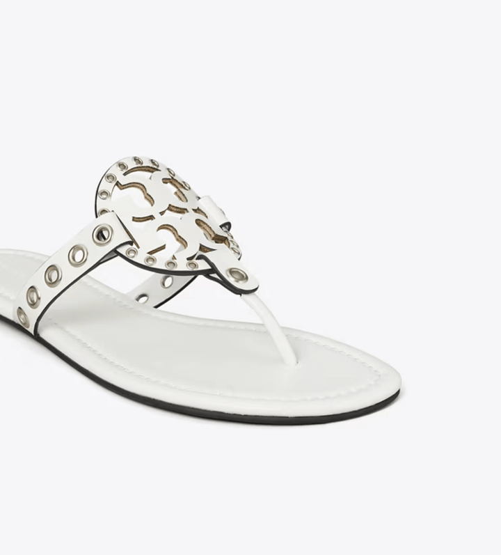 TORY BURCH MILLER EYELET SANDAL CLOUD/SILVER Shoes | Shop now at Main &amp; Taylor Shoes!