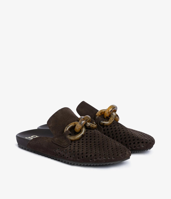 PEDRO GARCIA BRAIDY BROWN SUEDE/TORTOISE ORNAMENT MULE Shoes | Shop now at Main &amp; Taylor Shoes!