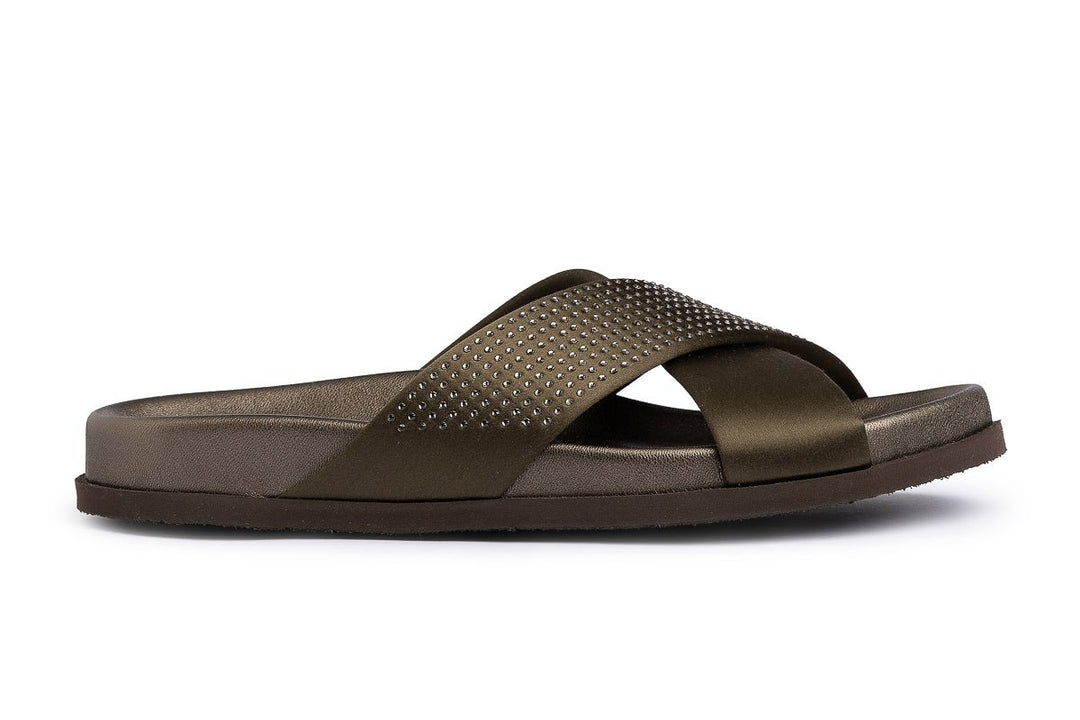 PEDRO GARCIA DALIANA OLIVADE SATIN SLIDE SHOES | Shop now at Main &amp; Taylor Shoes!