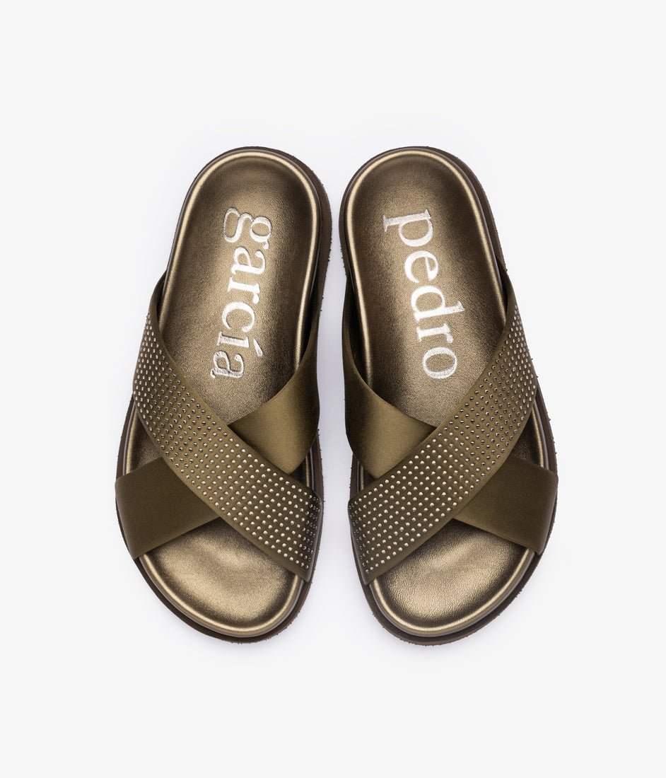 PEDRO GARCIA DALIANA OLIVADE SATIN SLIDE SHOES | Shop now at Main & Taylor Shoes!