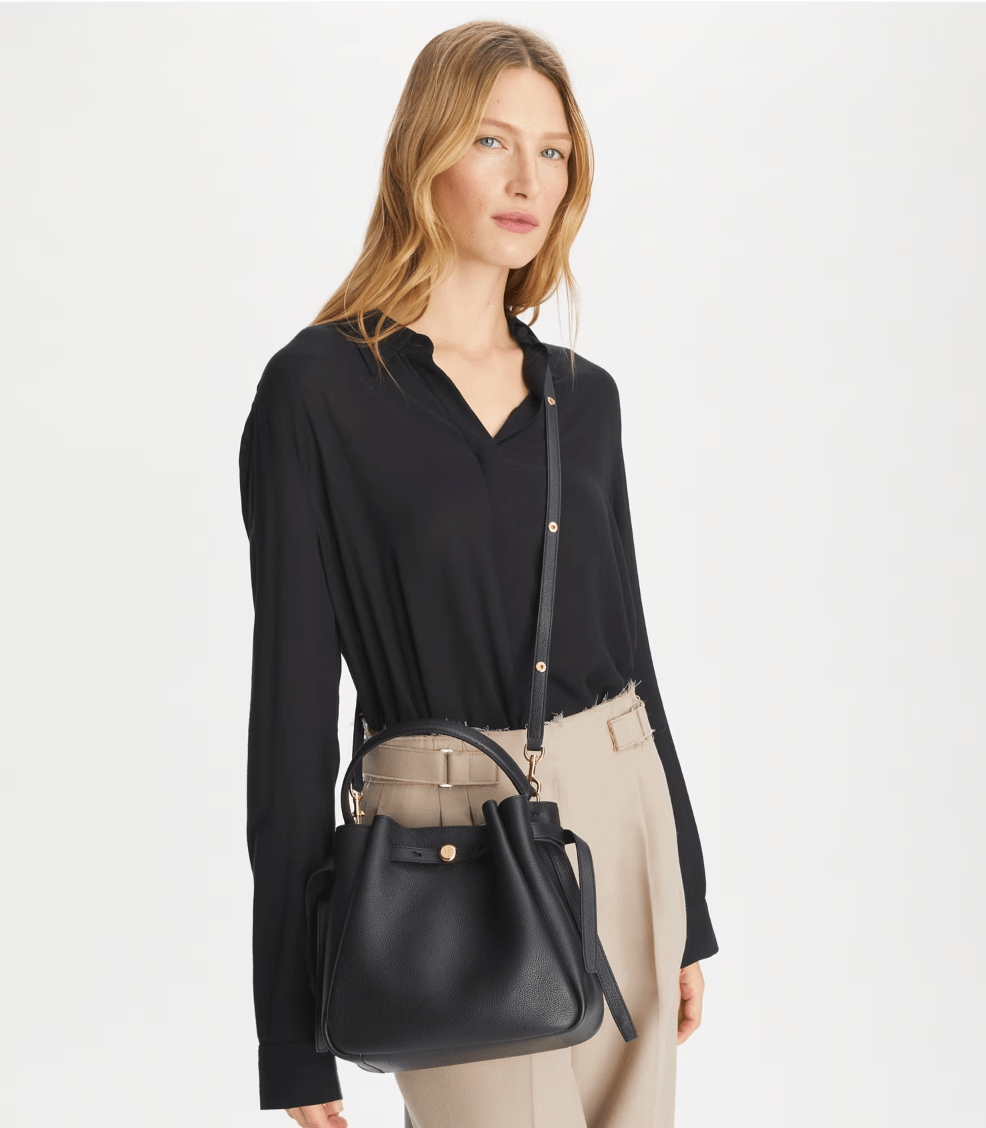 TORY BURCH HANDBAGS ROMY BUCKET BAG BLACK HANDBAGS | Shop now at Main &amp; Taylor Shoes!