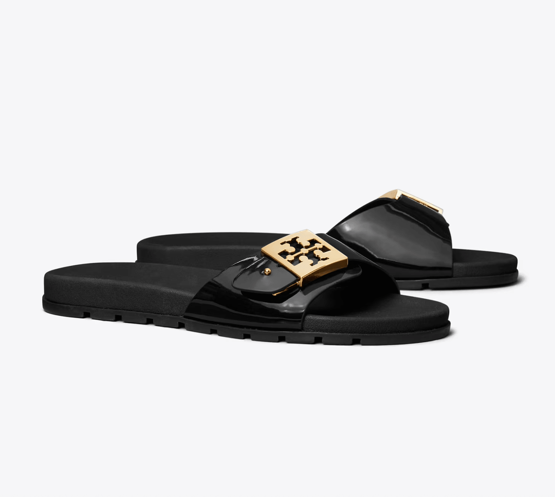 TORY BURCH MELLOW BUCKLE SLIDE BLACK/GOLD SANDAL SHOES | Shop now at Main & Taylor Shoes!