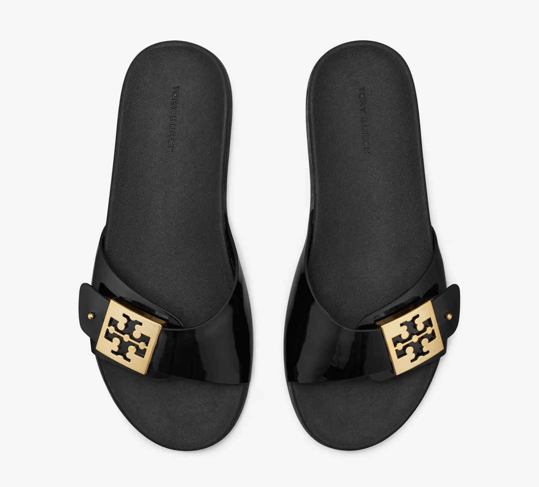 TORY BURCH MELLOW BUCKLE SLIDE BLACK/GOLD SANDAL SHOES | Shop now at Main &amp; Taylor Shoes!