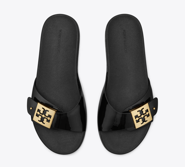 TORY BURCH MELLOW BUCKLE SLIDE BLACK/GOLD SANDAL SHOES | Shop now at Main &amp; Taylor Shoes!
