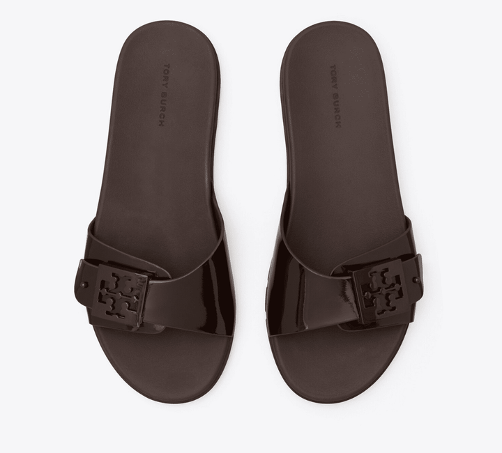 TORY BURCH MELLOW BUCKLE SLIDE DARK COCOA SHOES | Shop now at Main &amp; Taylor Shoes!