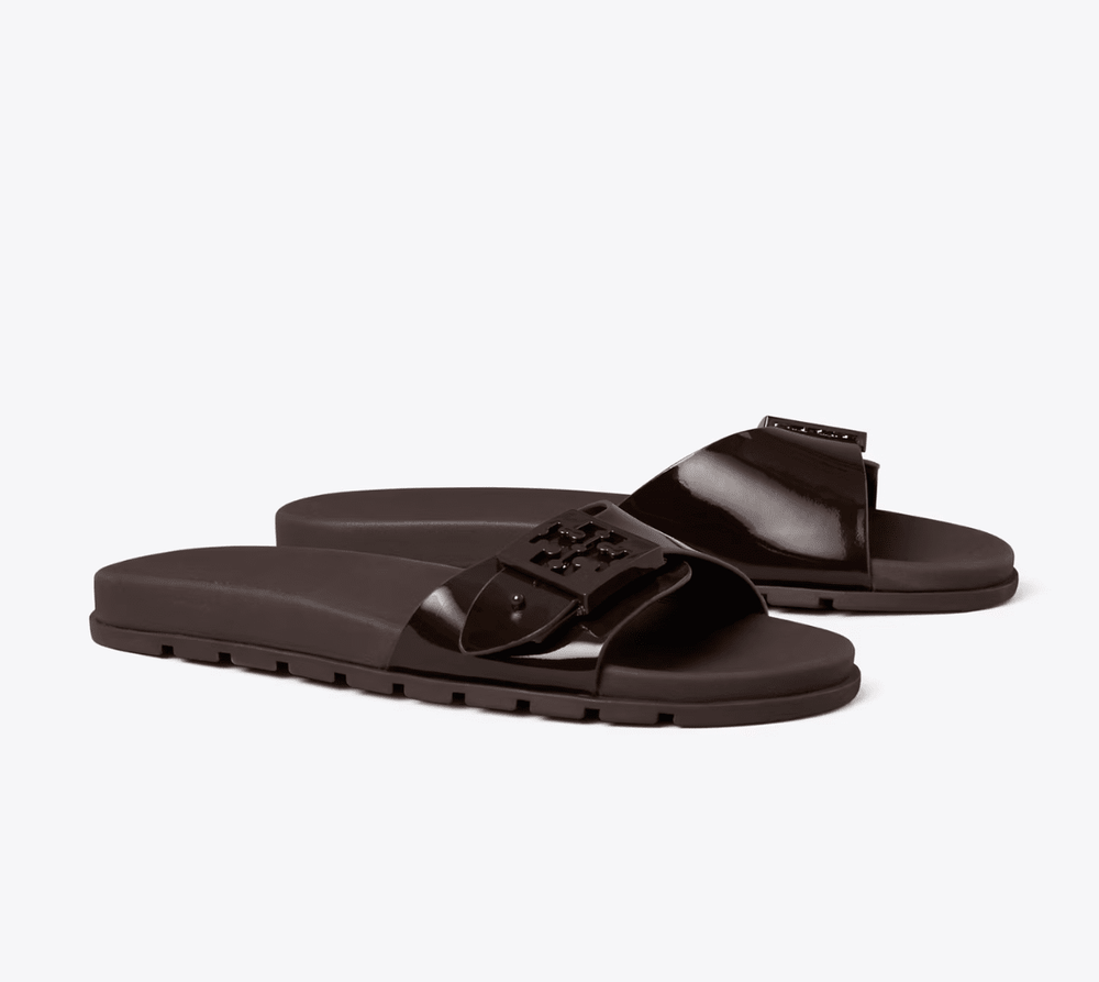 TORY BURCH MELLOW BUCKLE SLIDE DARK COCOA SHOES | Shop now at Main & Taylor Shoes!