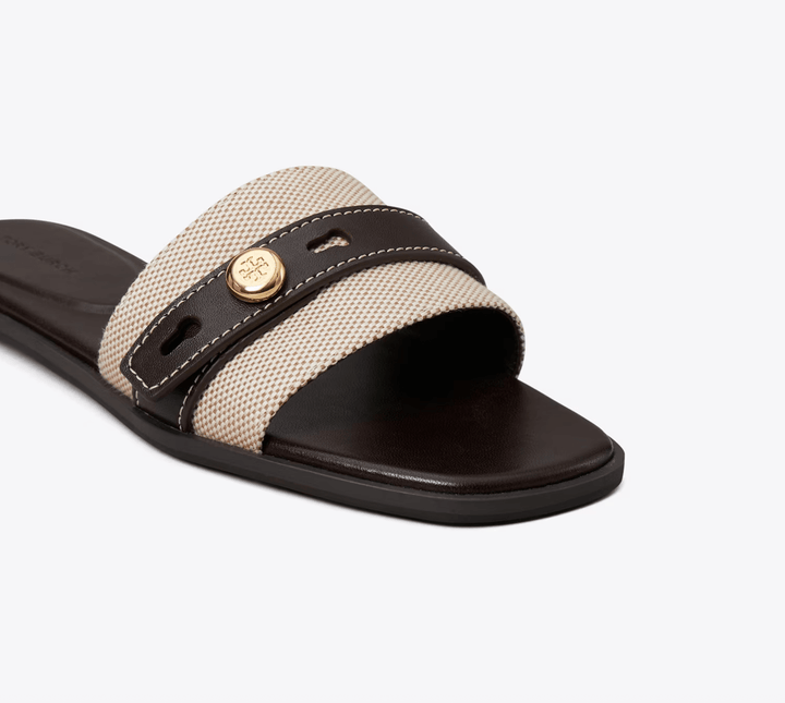 Tory Burch ROMY SLIDE NATURAL/BROWN SANDAL Shoes | Shop now at Main &amp; Taylor Shoes!